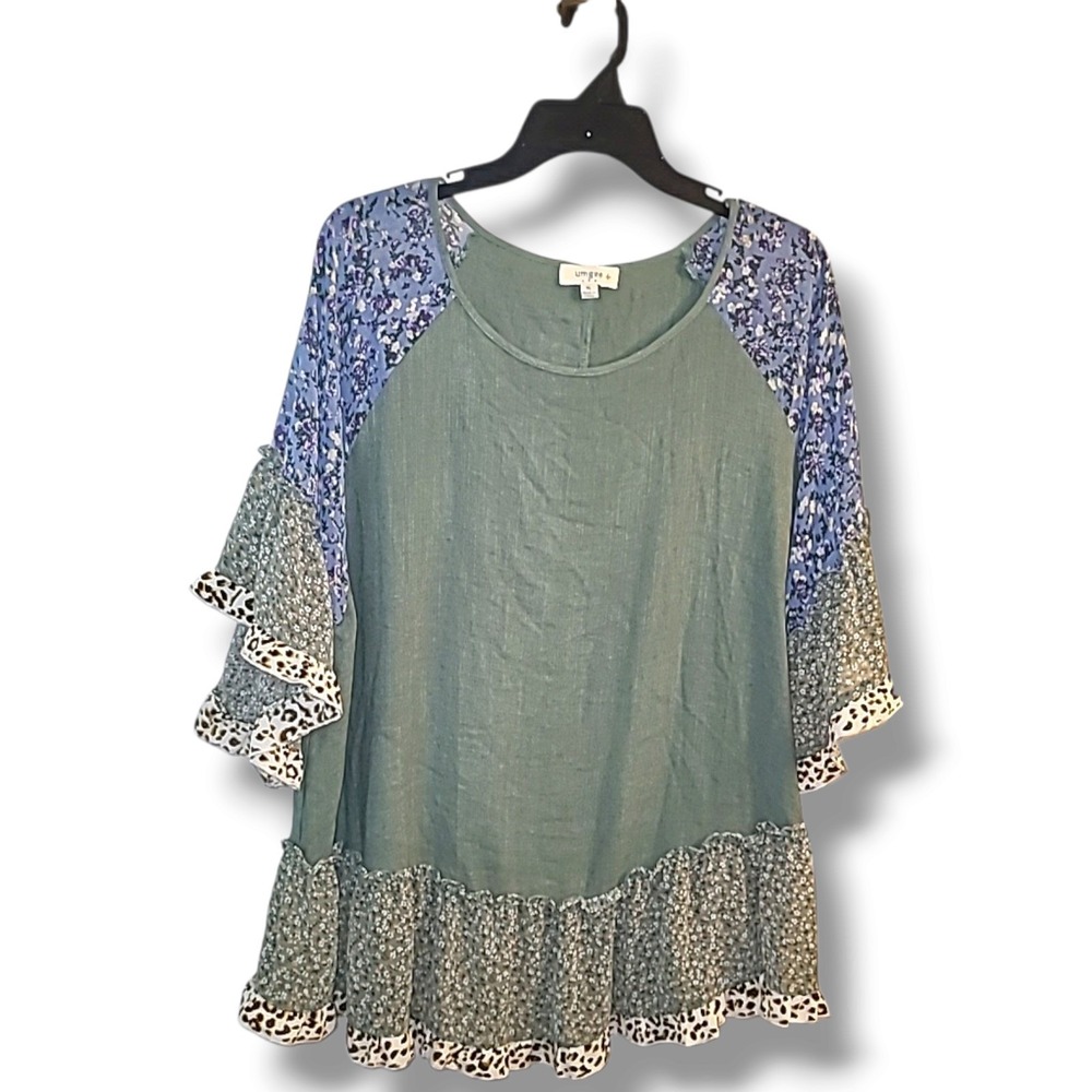 Umgee Women's XL Floral Ruffle Top Blue Green Raglan Sleeve Peplum Blouse NWOT